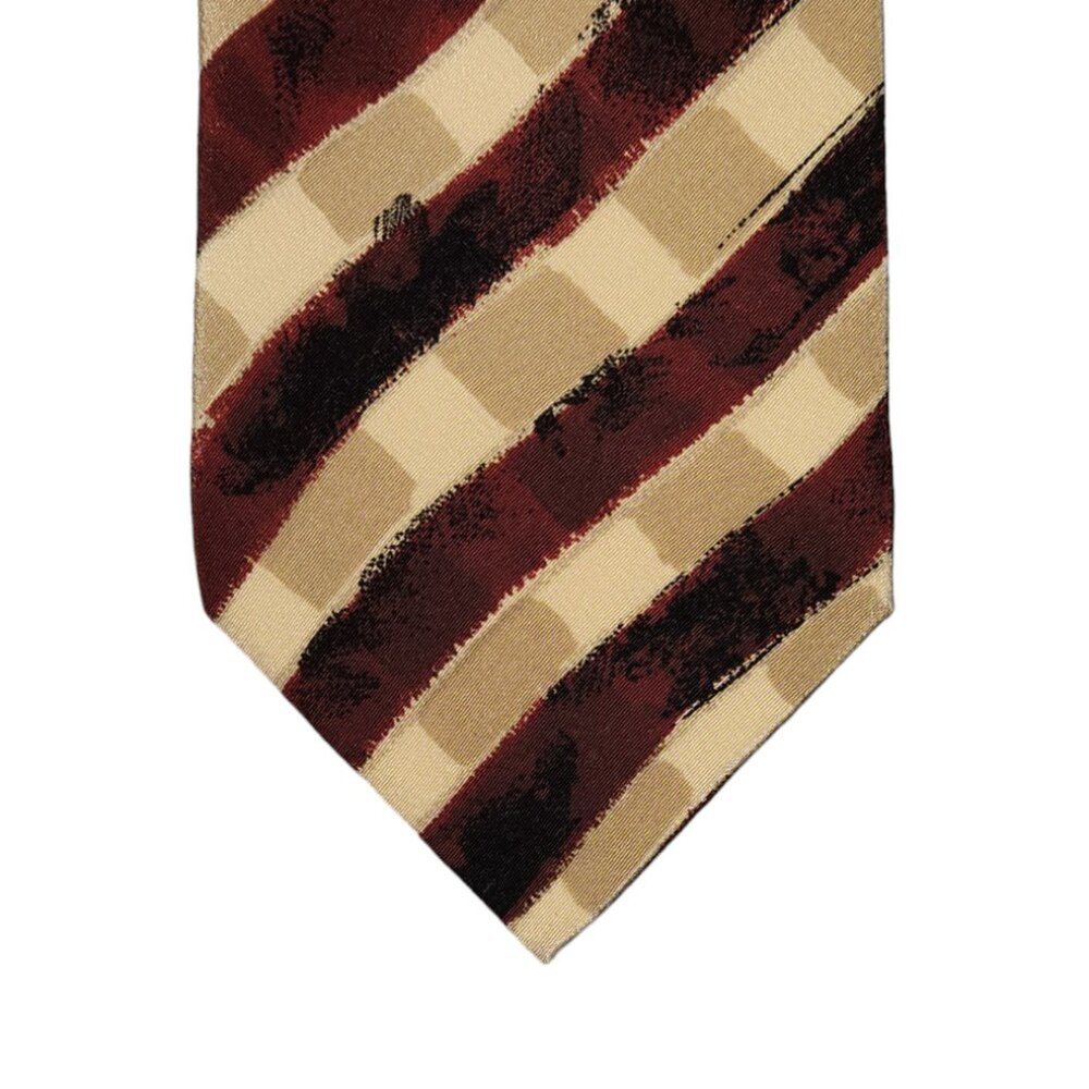 BOSS Hugo Boss Necktie Mens Red Black Beige Striped Abstract Silk Made in Italy